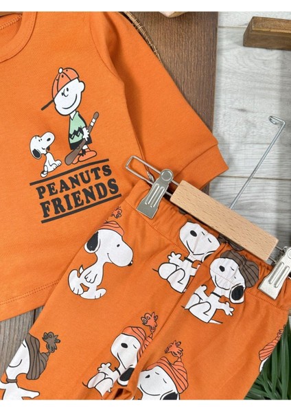 Bisiklet Yaka Peanuts Friends Baskılı Alt Üst Pijama Takımı modelleri