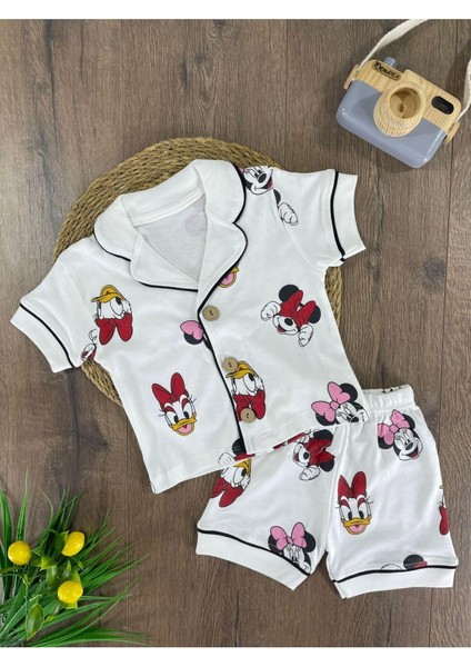 Kruvaze Yaka Önden Düğmeli Rahat Kalıp Yazlık Kız Bebek Pijama Takımı %100 Pamuk