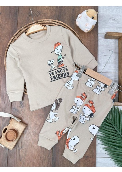 Bisiklet Yaka Peanuts Friends Baskılı Alt Üst Pijama Takımı