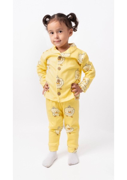 Kruvaze Yaka %100 Pamuk Önden Düğmeli Mevsimlik Ünisex Bebek ve Çocuk Pijama Takımı