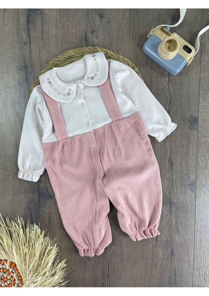 Bebe Yaka Çiçek Nakışlı Çıtçıtlı Kız Bebek Tulum