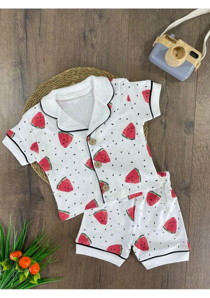 Kruvaze Yaka Önden Düğmeli Rahat Kalıp Yazlık Kız Bebek Pijama Takımı %100 Pamuk
