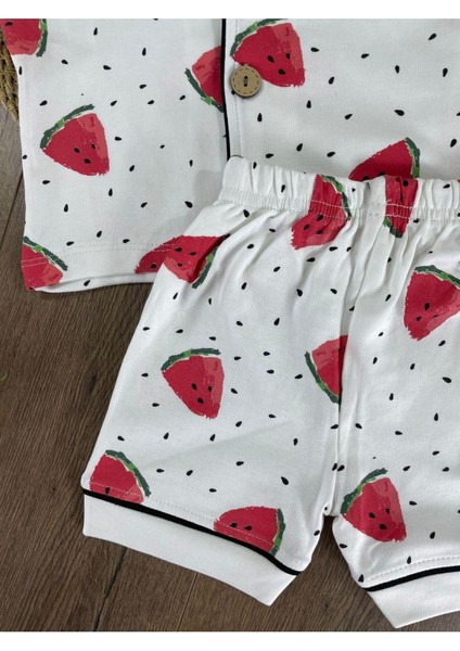 Kruvaze Yaka Önden Düğmeli Rahat Kalıp Yazlık Kız Bebek Pijama Takımı %100 Pamuk modelleri