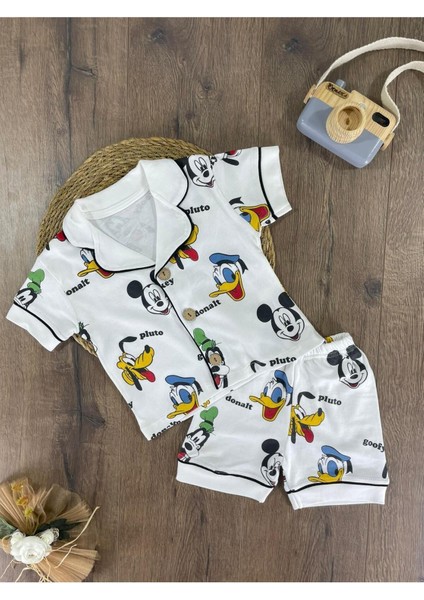 Kruvaze Yaka Önden Düğmeli Rahat Kalıp Yazlık Erkek Bebek Pijama Takımı %100 Pamuk