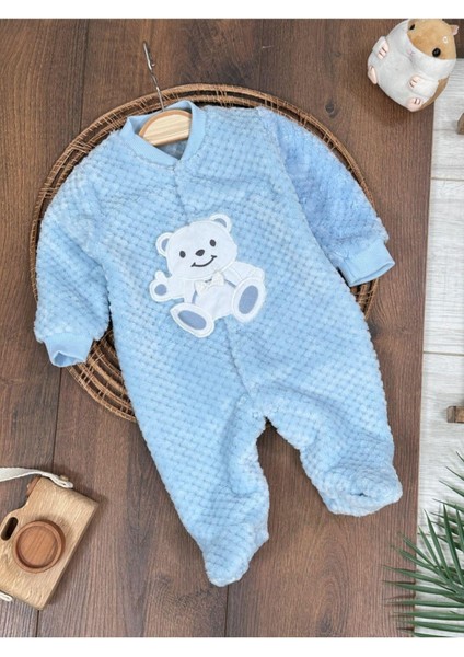 Peluş Ayıcık Nakışlı Patikli Çıtçıtlı Kışlık Erkek Bebek Tulum