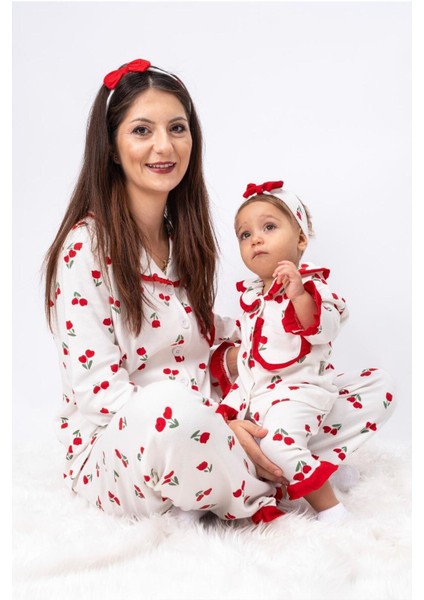 Gül Desen Bandanalı Fırfırlı %100 Pamuk Önden Düğmeli Mevsimlik Kız Pijama Takımı (Anne Kız)