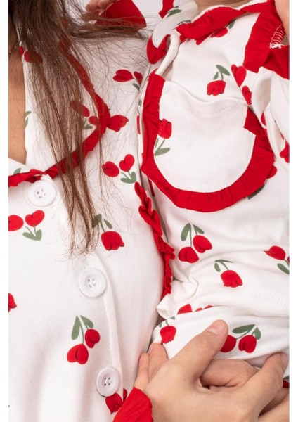 Gül Desen Bandanalı Fırfırlı %100 Pamuk Önden Düğmeli Mevsimlik Kız Pijama Takımı (Anne Kız) fırsatları