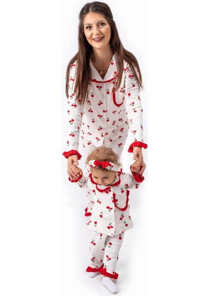 Gül Desen Bandanalı Fırfırlı %100 Pamuk Önden Düğmeli Mevsimlik Kız Pijama Takımı (Anne Kız) indirimleri