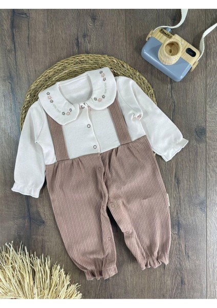 Bebe Yaka Çiçek Nakışlı Çıtçıtlı Kız Bebek Tulum