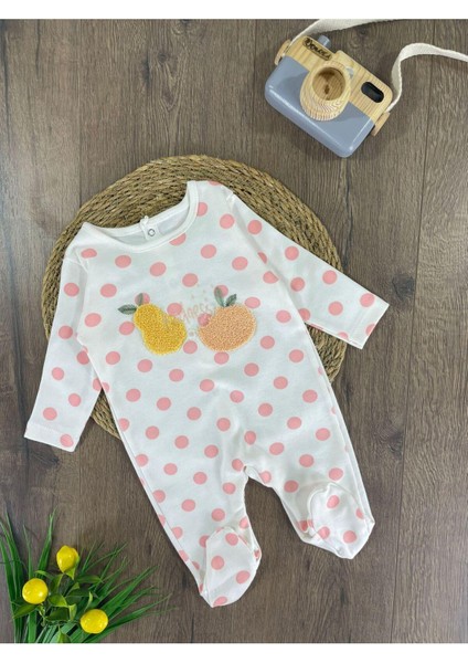 Meyve Işlemeli Puantiyeli Sırttan Çıtçıtlı Mevsimlik Kız Bebek Tulum