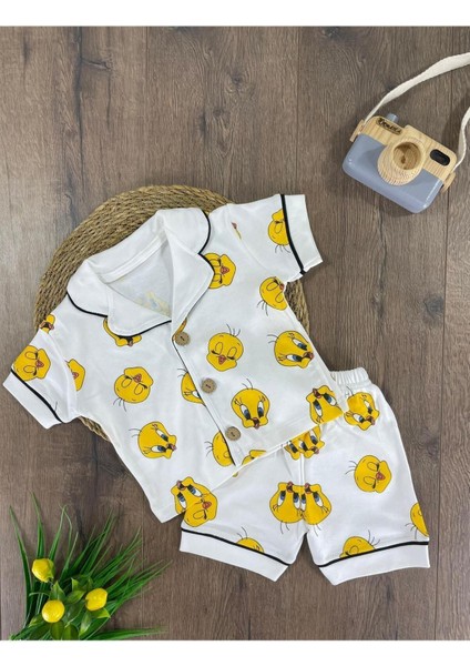 Kruvaze Yaka Önden Düğmeli Rahat Kalıp Yazlık Unisex Bebek Pijama Takımı %100 Pamuk