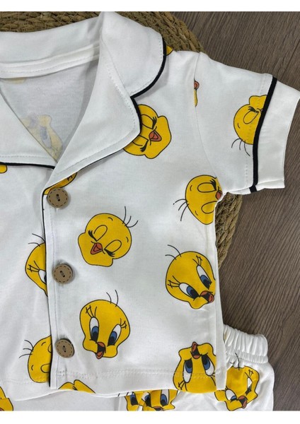 Kruvaze Yaka Önden Düğmeli Rahat Kalıp Yazlık Unisex Bebek Pijama Takımı %100 Pamuk fiyatları