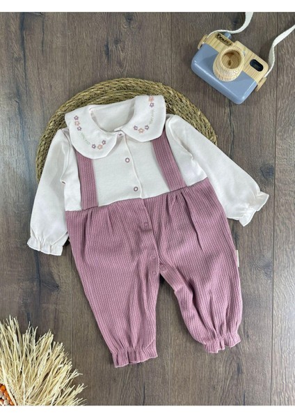Bebe Yaka Çiçek Nakışlı Çıtçıtlı Kız Bebek Tulum