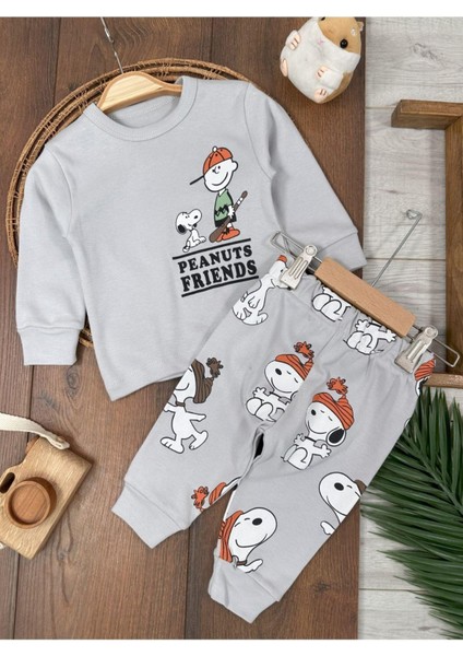 Bisiklet Yaka Peanuts Friends Baskılı Alt Üst Pijama Takımı