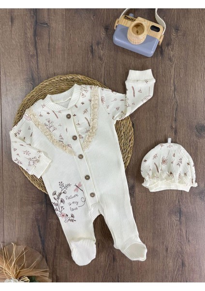 Kaşkorse Bereli Güpürlü Çiçek Işlemeli Önden Düğmeli Kız Bebek Tulum