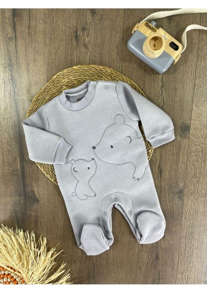 Ayıcık Işlemeli 3 Iplik Içi Polarlı Alttan Çıtçıtlı Patikli Erkek Bebek Tulum