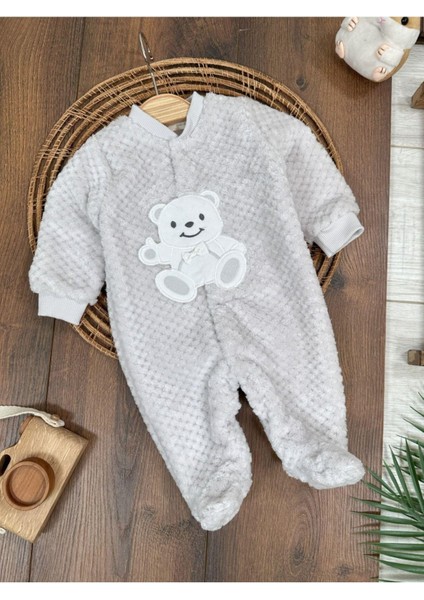 Peluş Ayıcık Nakışlı Patikli Çıtçıtlı Kışlık Erkek Bebek Tulum