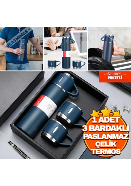 3 Bardaklı Paslanmaz Çelik Termos Seti Mavi | 500 ml Sıcak Soğuk Vakumlu Termos Takımı Çanta Hediyeli