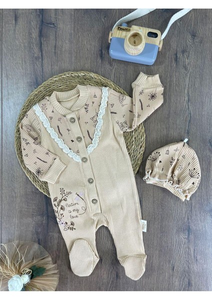 Kaşkorse Bereli Güpürlü Çiçek Işlemeli Önden Düğmeli Kız Bebek Tulum