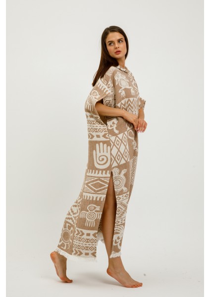 Müslin Panço Etnik Kimono Pamuklu Jakarlı Bornoz Kaftan Sabahlık