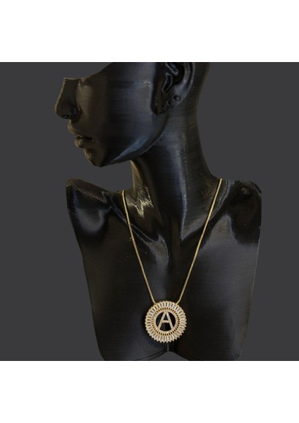 Zirkon Taşlı Gold Yuvarlak A Harfi Çelik Kolye