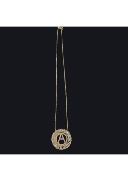Zirkon Taşlı Gold Yuvarlak A Harfi Çelik Kolye