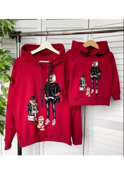 Kapişonlu Anne Kız Köpek Baskılı Anne Kız Sweatshırt Kombin-Kırmızı