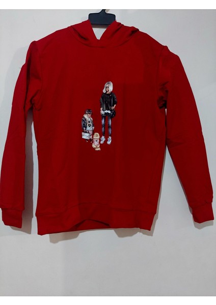 Kapişonlu Anne Kız Köpek Baskılı Anne Kız Sweatshırt Kombin-Kırmızı fiyatları