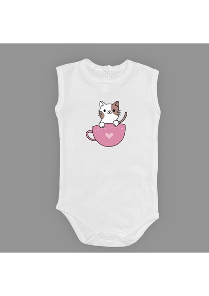 Baskılı Kalpli Fincan Kedi Bebek Çıtçıtlı Body - MNK0663-AÇIK Ekru-18 Ay