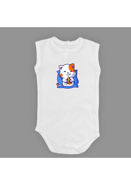 Baskılı Pizza Yiyen Kedi Bebek Çıtçıtlı Body - MNK0662-AÇIK Ekru-2 Yaş
