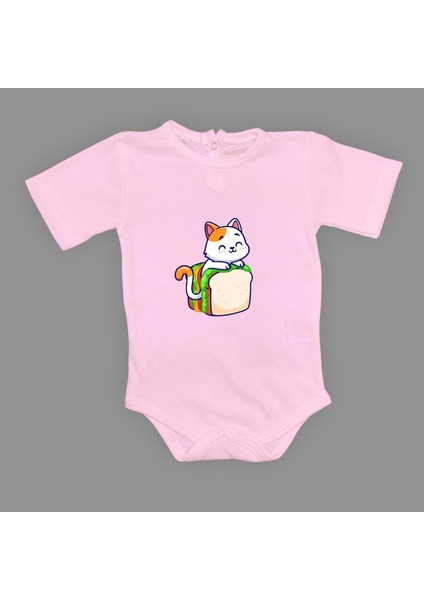 Baskılı Tost Kedi Bebek Çıtçıtlı Body - MNK0660-KOYU Pembe-1 Yaş
