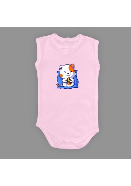 Baskılı Pizza Yiyen Kedi Bebek Çıtçıtlı Body - MNK0662-AÇIK Pembe-6 Ay