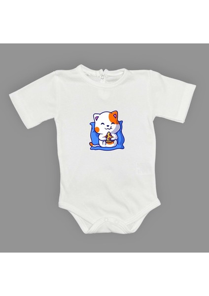 Baskılı Pizza Yiyen Kedi Bebek Çıtçıtlı Body - MNK0662-BEYAZ-6 Ay