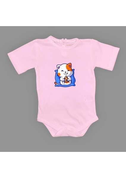 Baskılı Pizza Yiyen Kedi Bebek Çıtçıtlı Body - MNK0662-KOYU Pembe-1 Yaş