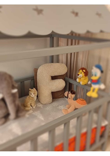 Pufftable Peluş F Harf Yastık, Dekoratif Kırlent, Kuzu Teddy Kumaş, Büyük Boy , Tüm Harfler ,boncuk Elyaf Dolgu