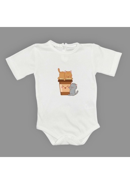 Baskılı Kahve Seven Kediler Bebek Çıtçıtlı Body - MNK0659-BEYAZ-18 Ay