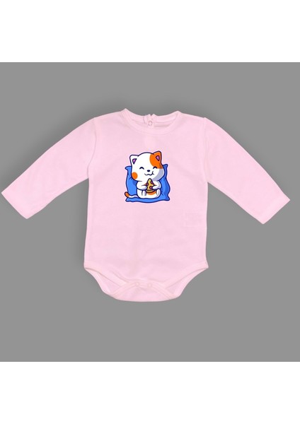 Baskılı Pizza Yiyen Kedi Bebek Çıtçıtlı Body - MNK0662-PEMBE-1 Yaş