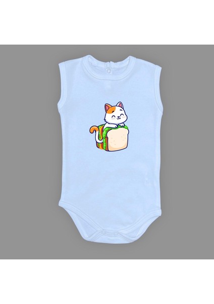 Baskılı Tost Kedi Bebek Çıtçıtlı Body - MNK0660-AÇIK Mavi-3 Yaş