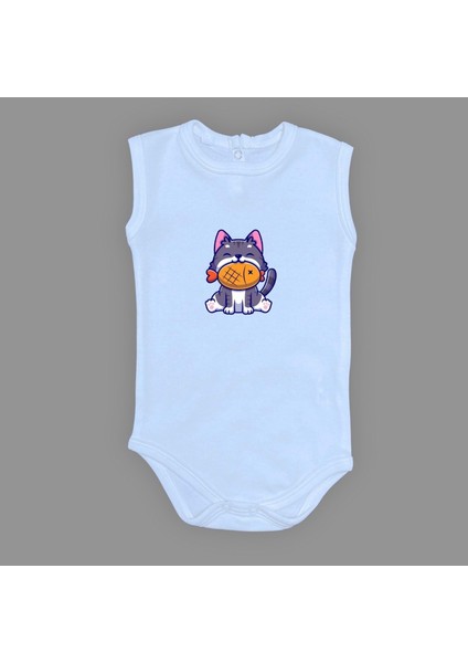 Baskılı Balıklı Kedi Bebek Çıtçıtlı Body - MNK0658-AÇIK Mavi-1 Yaş