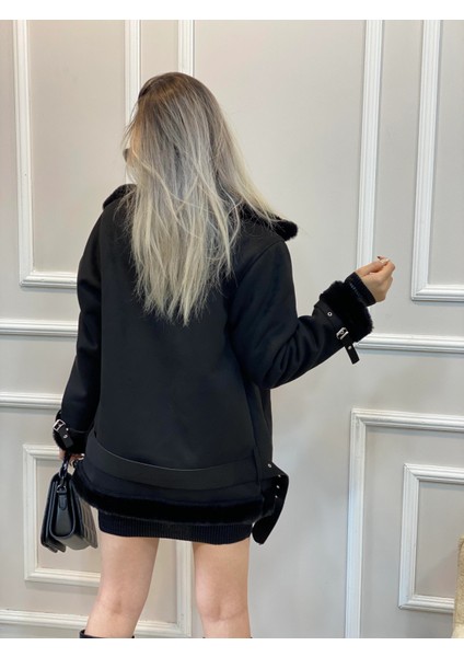 Ipek Içi Yumoş Full Kürklü Belden Kemerli Süet Mont