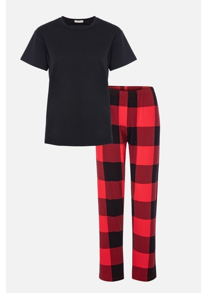 Regular Yılbaşı Temalı Kadın Kısa Kollu Pamuklu Kırmızı Ekose Desenli Kombinli Pijama Takımı Bisikl