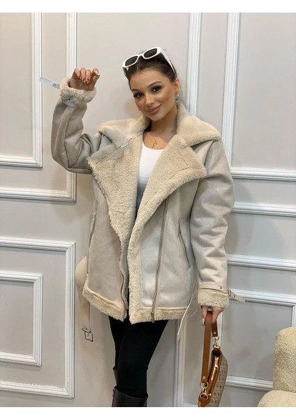 Ipek Içi Yumoş Full Kürklü Belden Kemerli Süet Mont