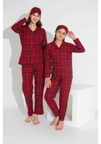 Tüm Yaş Grupları Kadın Kırmızı Ekose Desen Önden Düğmeli Anne Kız Kombin Süet Kadife Kışlık Sıcak T