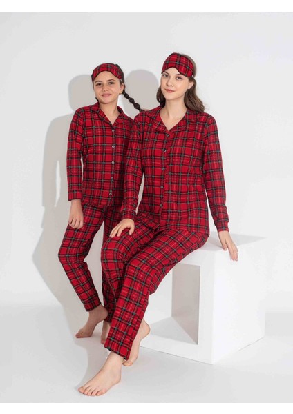 Tüm Yaş Grupları Kadın Kırmızı Ekose Desen Önden Düğmeli Anne Kız Kombin Süet Kadife Kışlık Sıcak T indirimleri