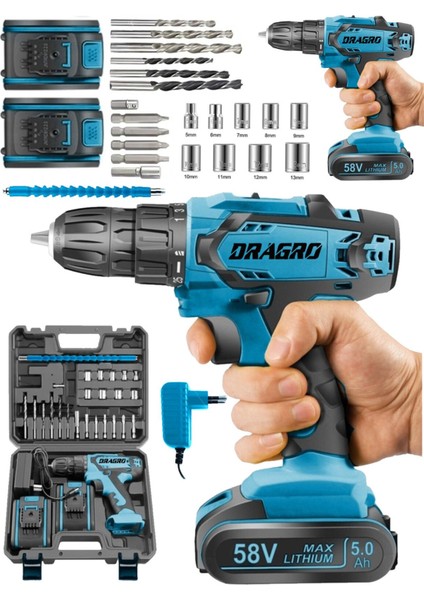 Alman 58 V 5 Ah Darbeli Bakır Sargılı Metal Şanzuman Şarjlı Çift Akülü Vidalama Matkap Mavi Fişli