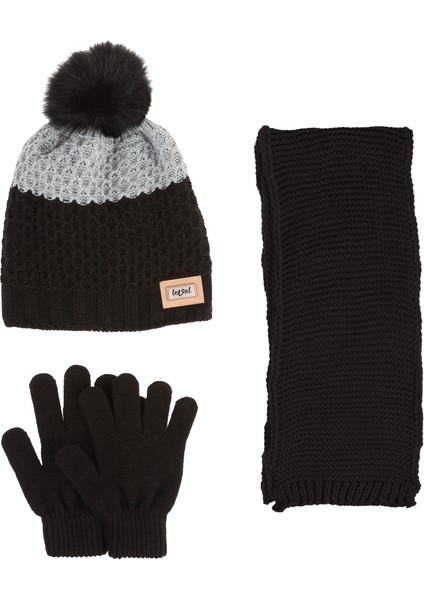 9-15 Yaş Garson 3'lü Takım Kız Atkı, Eldiven ve Şapka Set Içi Polarlı