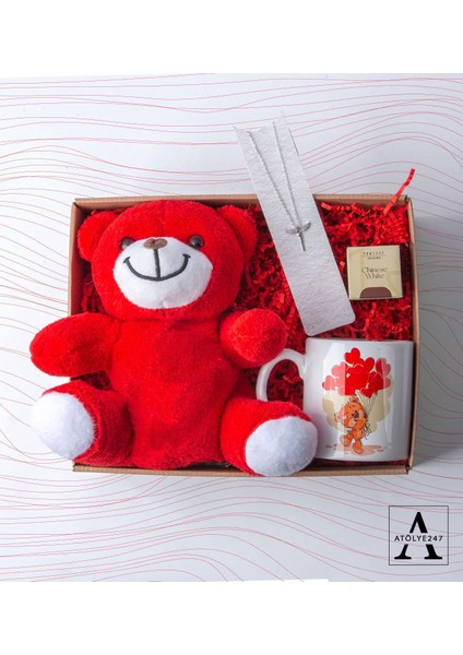 Peluş Kırmızı Ayı - Özel Tasarım Baskılı Kupa - Bitki Çayı - Melek Model Kolye Hediye Seti