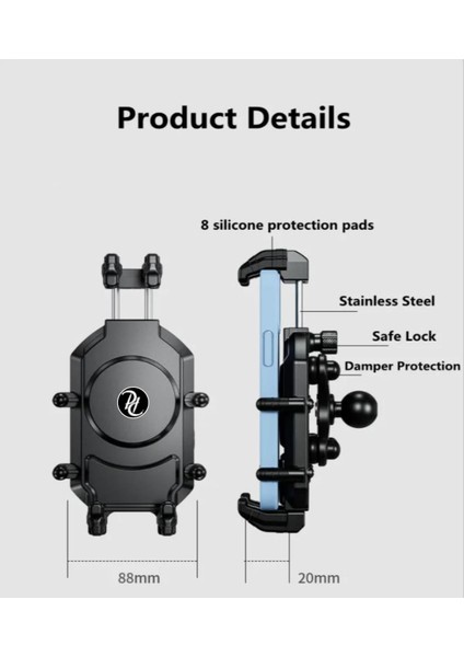 Motosiklet Profesyonel Telefon Tutucu Gidon Uyumlu Titreşim Önleyici Yaylı ve Sıkmalı 360 Derece