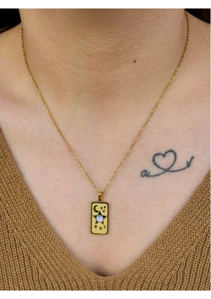 14K Gold Ay Yıldız Temalı Tarot Kartı Çelik Kolye