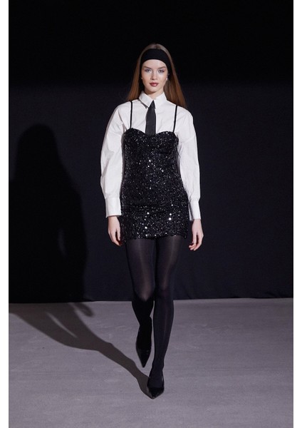 Askılı Pul Elbise Siyah